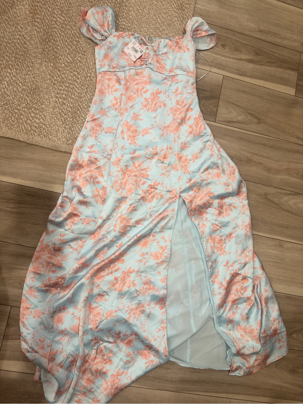 American Eagle Light Blue Floral with Coral Print silky high slit long dress